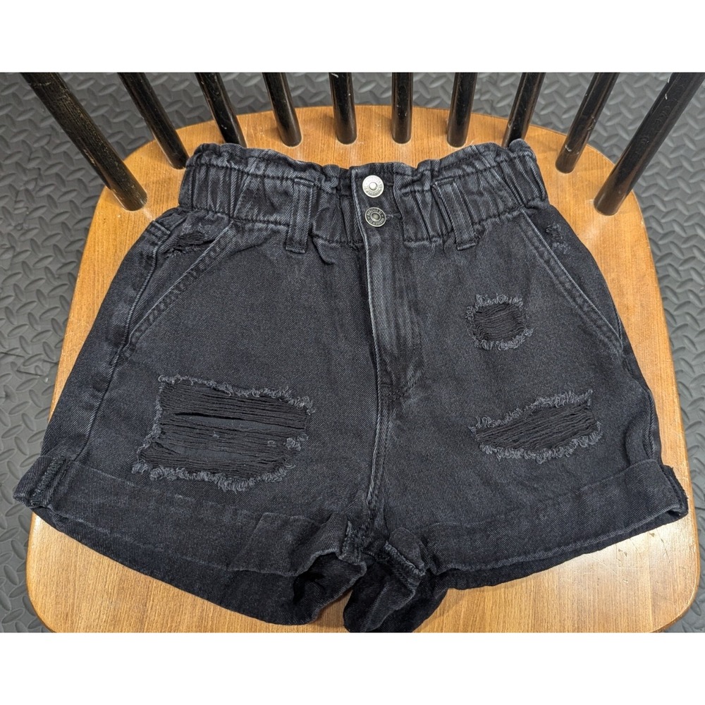 Forever 21 XS Black Ripped Jean Shorts, Elastic High Waist Band Distressed